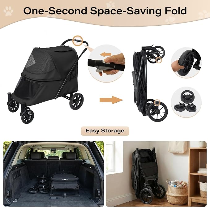 LAUSAINT HOME 4 Wheels Pet Stroller, Foldable Oversized Dog Stroller for Medium & Large Dogs with Built-in Access Ramp, Lightweight Dog Cat Carrier with Breathable Mesh Cover, Khaki