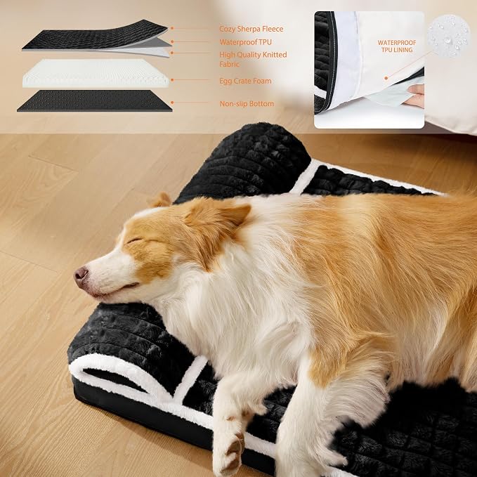 Orthopedic Large Dog Bed Pillow Pet Sofa Bed 36''X24'' Black | Egg-Crate Foam Pet Couch Large Sized Dog, Waterproof Removable Washable Cover,Furry Puppy Crate Mat With Nonskid Bottom