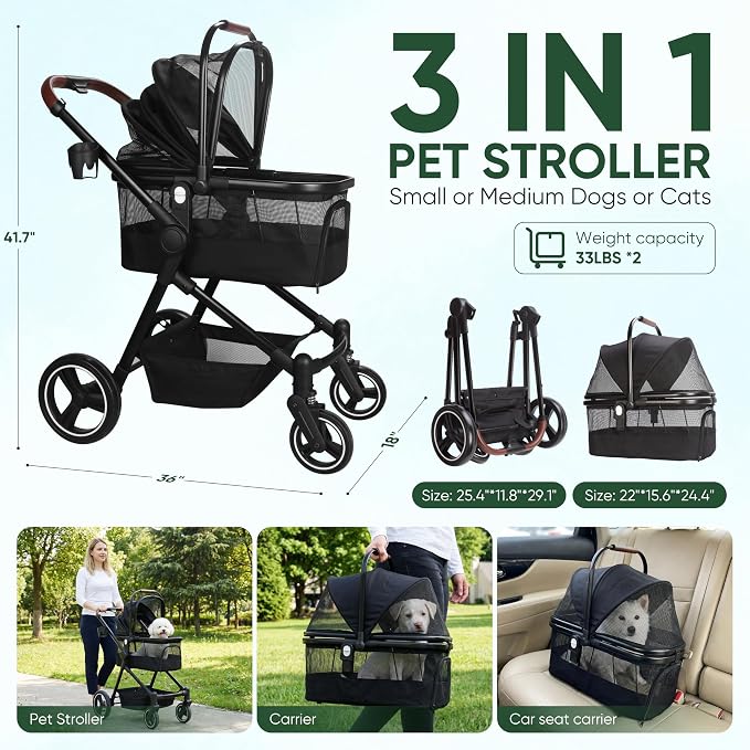 3-in-1 Foldable Pet Stroller for Dogs/Cats, 33lbs | All-terrain 7"/10" wheels | Compact storage | Storage basket | Breathable linen | Cup holder & rear brakes