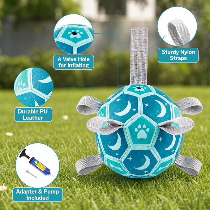 Dog Toys Balls, Dog Soccer Ball with Straps, Dog Birthday Gifts, Durable Balls for Small Medium Pet, Puppy Outdoor Toy, Pet Training Soccer Ball, World Cup Soccer (6 Inch) (Blue, Medium)