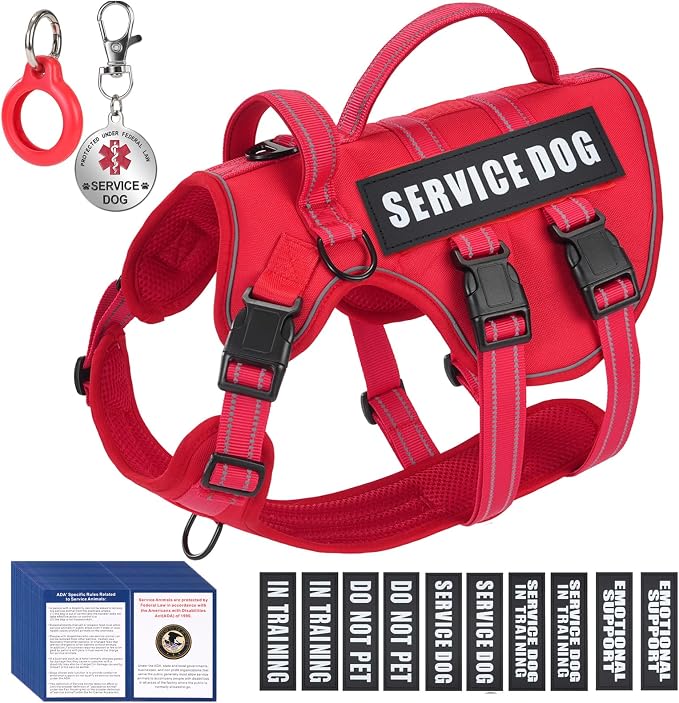 Service Dog Harness + ID Tag 50 ADA Information Cards - No Pull Dog Vest 10 PCS Removable Patches - Reflective Emotional Support Animal Vest for Small Dogs - Adjustable Breathable ESA Training Vest