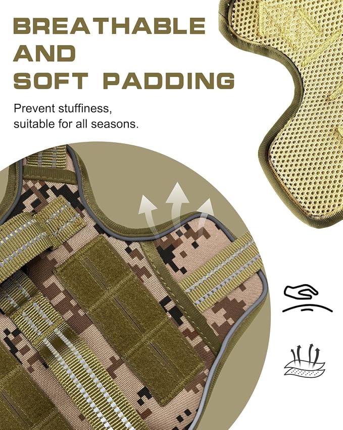 Dog Harness Medium Sized Dog, No Pull Dog Vest with Molle System | Tactical, Easy Control With Handle, Breathable Soft Padded, Adjustable, Reflective, No Choke for Walking, Desert Camo Medium