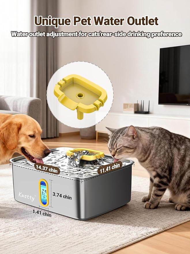 Kastty 4 Gal Dog Water Fountain for Large Dogs, 15L Stainless Steel Pet Water Fountain, QuietTriple Filtration Dog Water Bowl Dispenser with Water Level Window and LED Light Easy Clean(FS78,Yellow)
