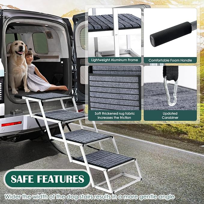 Joyrally 4-Step Dog Stairs for Car, Large Dogs, Non-Slip Surface | 20 in extra-wide aluminum frame, non-slip surface and foldable design for SUV and truck trunks, for senior and injured dogs