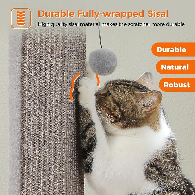 PAWZ Road Cat Scratching Post 32” Tall Square Cat Scratcher | Heavy Duty Cat Post with 16x16”Large Base Covered Sturdy Woven Sisal Scratcher and Cat Toy Ball for Adult and Indoor Cats