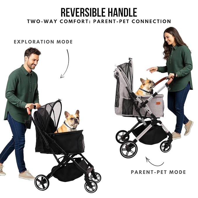 Bicystar Foldable Dog Stroller for Small Medium Dogs & Cats, 45 lbs, Black | For senior & injured pets, Travel-friendly, All-terrain 4 wheels, Aluminum frame, 42" handle for tall users, Two tethers