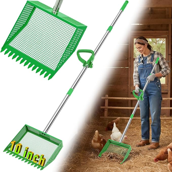 Large Chicken Poop Scooper: 2-in-1 Metal Pooper Scooper & Rake Adjustable 62" Long Handle Stainless Steel Sand Sifting Litter Shovel Chicken Coop Scoop Cleaning Tool for Goat Yard Bright Green