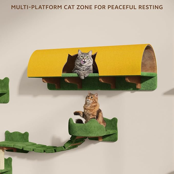 16-in-1 Cat Wall Shelves, Cat Furniture w/Tunnel & Bridge, Green | Wall Mounted Cats Shelf Set with Plush Fabric, Cat Climbing Wall Systems for 16 Inch Drywall, with Scratching Posts, Condos