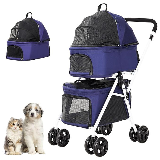 Double Dog Stroller with 2 Detachable Carrier, Portable Pet Stroller for Small Dogs & Cats Folding Lightweight Puppy Travel Carriage, 4 Wheels, Blue