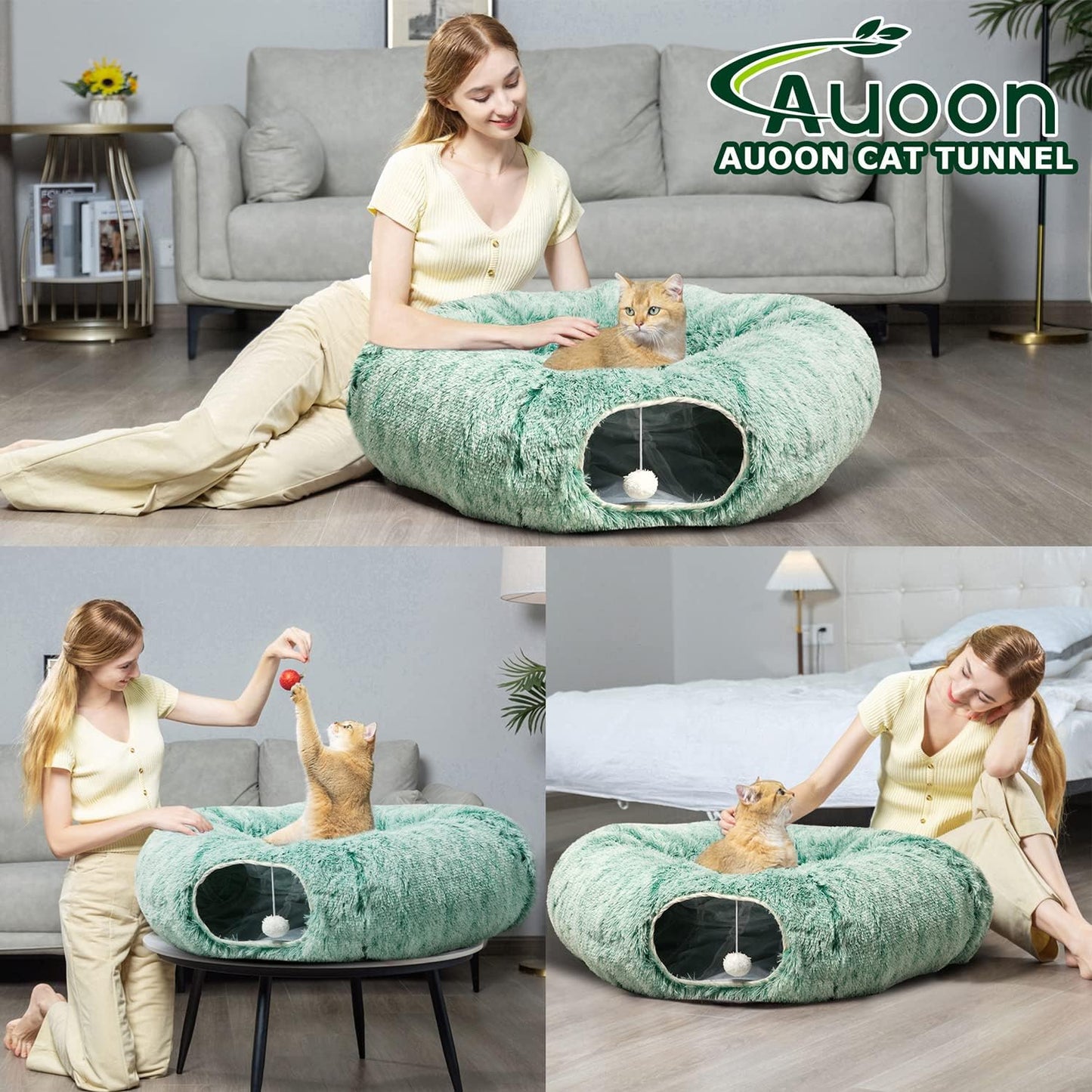 AUOON Cat Tunnel Bed for Indoor Cats - Circle Peekaboo Cat Cave with Washable Mat for Indoor Cats Kitten Kitty Puppy Rabbit Ferret (Green)
