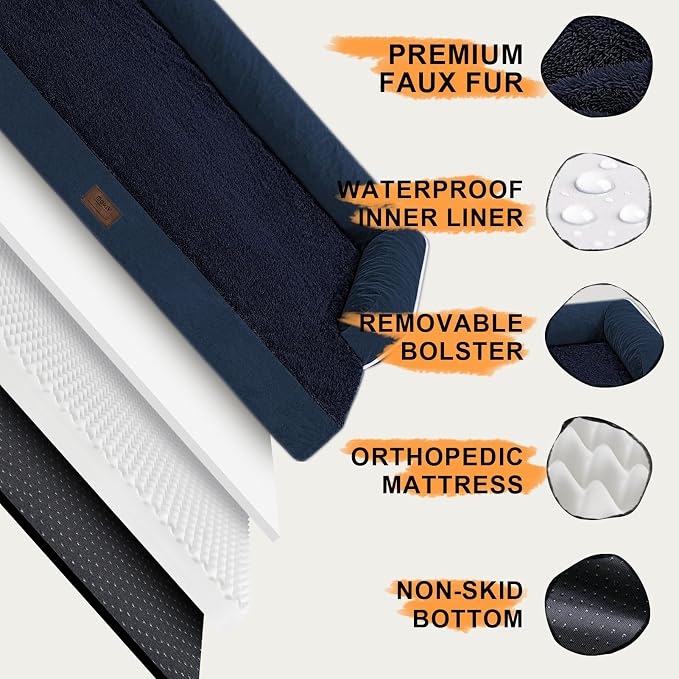 Orthopedic Waterproof Dog Bed with Bolster for Extra Large Size Dogs | Pillow Support for Neck Relief, Egg Crate Foam, Waterproof Liner, Anti-Slip Bottom, Removable Bolster Cover, 48 x 33 Inch