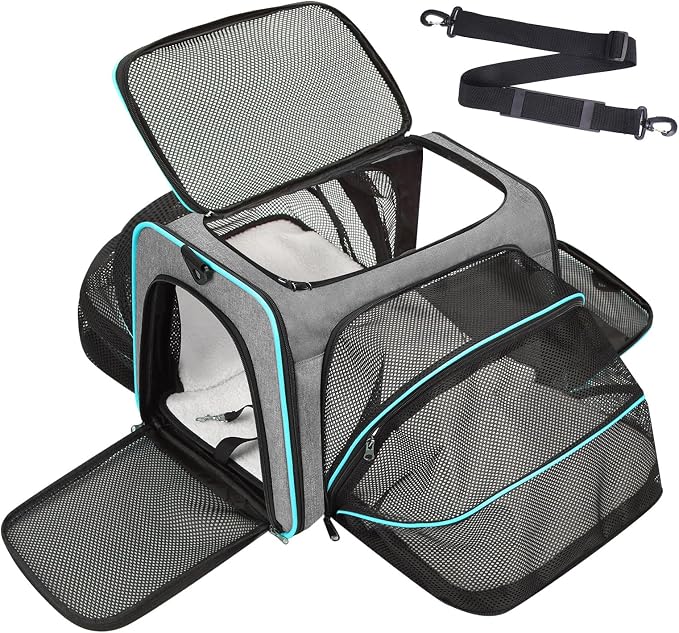 Pet Carrier, Large Soft Sided Expandable Travel Carrier with Steel Frame, Anti-Scratch Mesh, Removable Fleece Pad and Pockets for Cats, Dogs and Small Animals up to 15 lbs (Gray, 5 Sides Expandable)