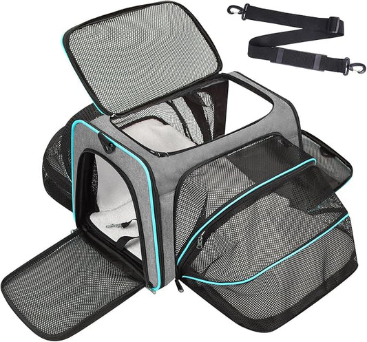 Pet Carrier, Large Soft Sided Expandable Travel Carrier with Steel Frame, Anti-Scratch Mesh, Removable Fleece Pad and Pockets for Cats, Dogs and Small Animals up to 15 lbs (Gray, 5 Sides Expandable)