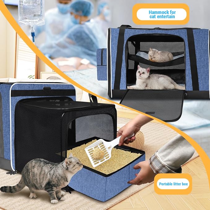 Petskd Side Expandable Extra Large Cat Carrier with Litter Box Area, 24"x17"x17" Soft-Sided Pet Carrier for 2 Cats Under 55 lbs with Zipper Locks for Car Travel(Blue)