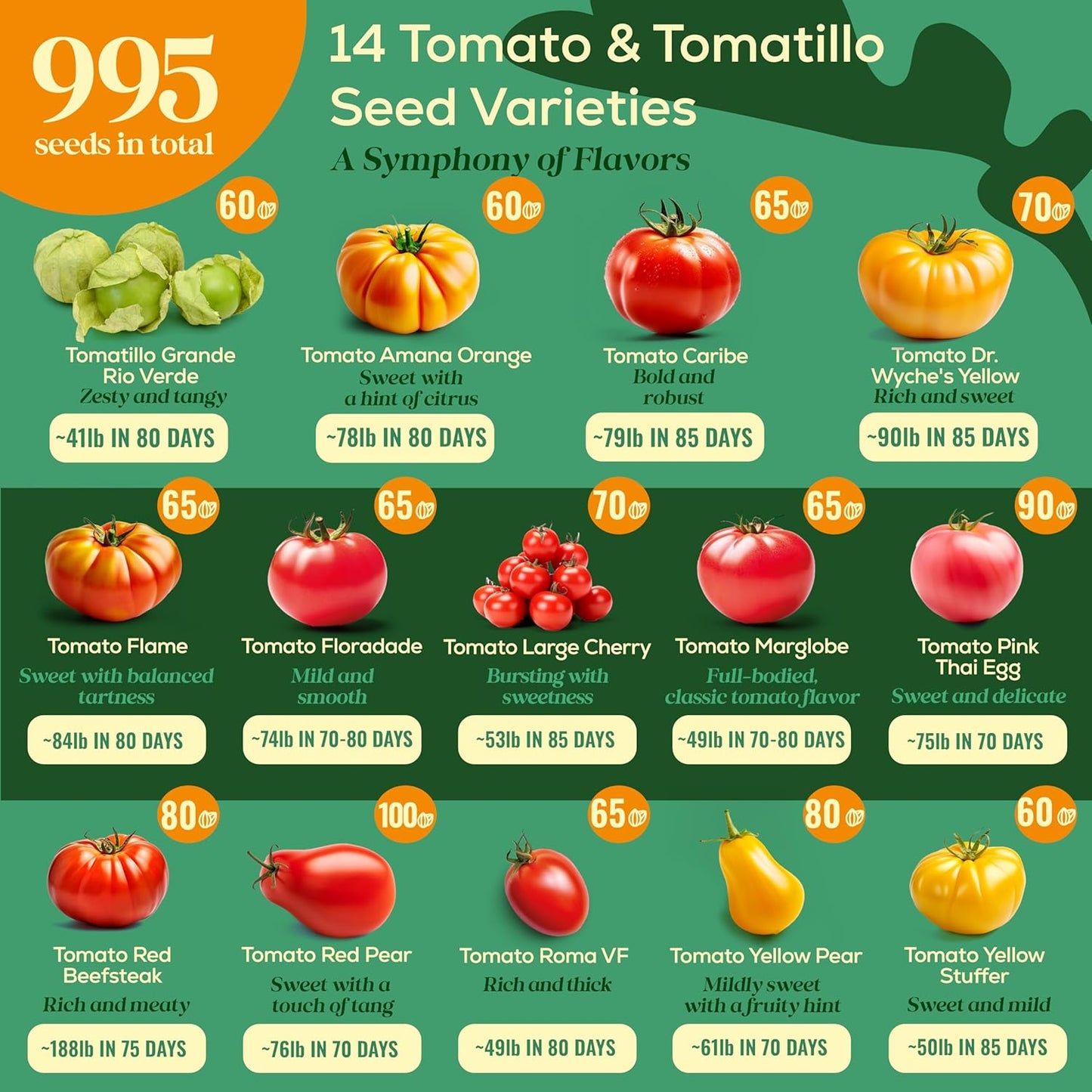 14 Tomatillo & Tomato Seeds for Planting Variety Pack - 990+ Non-GMO Heirloom Vegetable Seeds for Growing Tomato Indoor & Outdoor: Cape Gooseberry, Cherry, Flame, Roma, Beefsteak Tomatoes