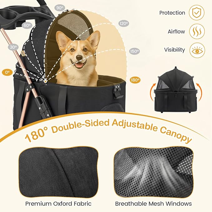 PETSITE 3-in-1 Pet Stroller for Small Medium Dogs, One-Click Foldable Dog Stroller with Detachable Carrier, Cup Holder & Storage Basket, Safety Leash, One-Step Rear Brake, Breathable Window (Black)