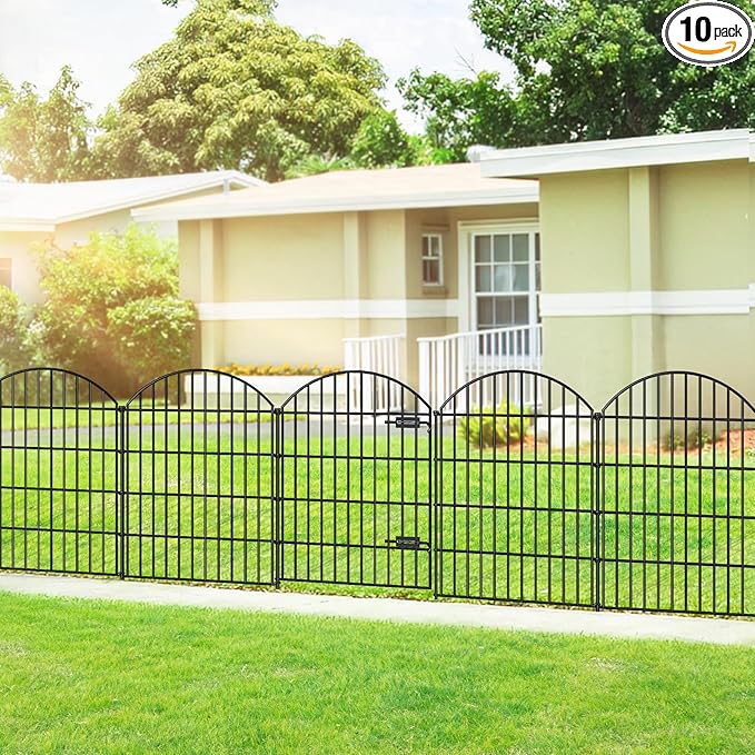 FOREHOGAR Metal Garden Fence with Gate 36in (H) x 23.3ft (L), 1 Gate+ 9 Panels Dog Fence Border Fence Animal Barrier, No Dig Garden Fencing for Yard Flower Bed Lawn Patio Outdoor, ECG3610, Black