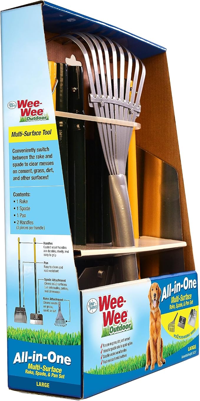 Four Paws Stainless Steel Long-Handled Dog Pooper Scooper Rake, Spade, & Pan 3 Piece Set, Pet Waste Pickup Tool, 38" x 10"