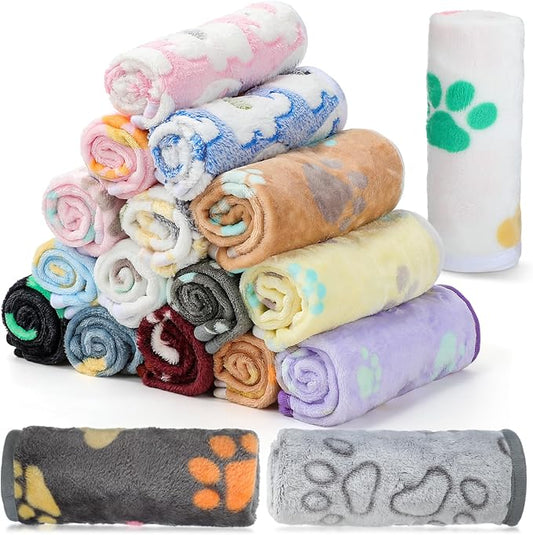 Chumia 18 Pcs Fleece Pet Blanket Soft Warm Sleep Mat Fluffy Cute Puppy Supplies Paw Bone Star Elephant Dot Heart Print Design Bed Blankets for Dog Cat Kitten Animals(30 x 20 Inch,Cute)