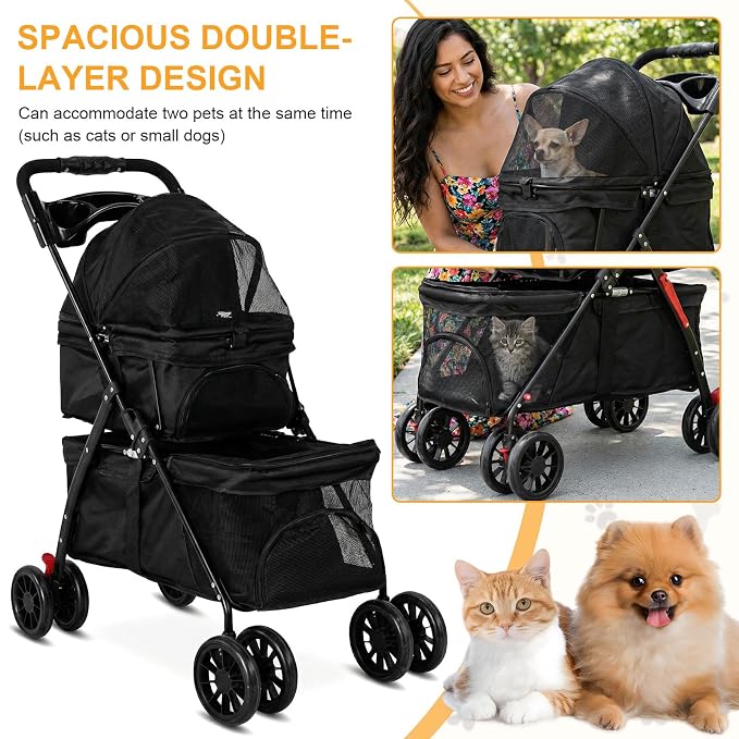 Foldable Double Pet Stroller with Lockable Wheels, Tear-Resistant Fabric | Double Pet Stroller for Dogs and Cats,Cat Strollers for 2 Cats,Double Dog Stroller for 2 Small Medium Dogs,4 Lockable Wheels