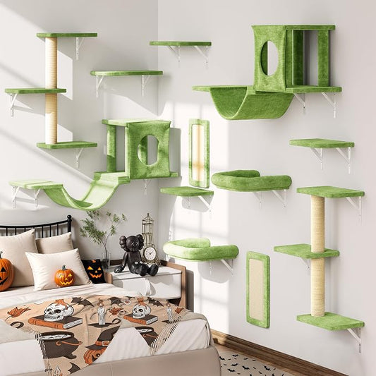 12-in-1 Cat Wall Shelves, Luxury Wall-Mounted Cat Climber Set with Condos House, Scratching Post, Bridge Ladder, Indoor Space-Saving Furniture for Kittens, Green