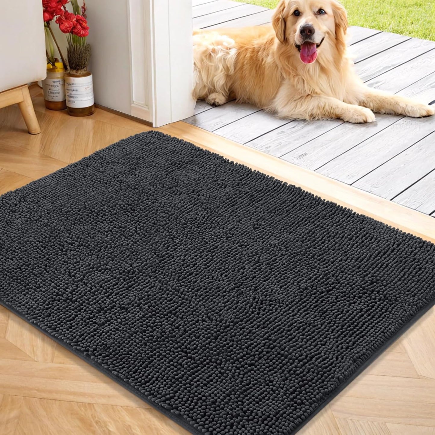 OLANLY Dog Door Mat for Muddy Paws 40x32, Absorbs Moisture and Dirt, Absorbent Non-Slip Washable Doormat, Quick Dry Chenille Mud Mat for Dogs, Entry Indoor Entryway Carpet for Inside Floor, Dark Grey