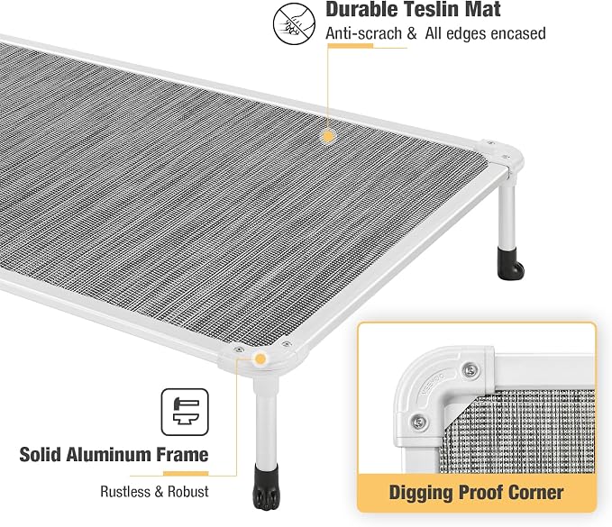 Veehoo Chew Proof Elevated Dog Bed, Cooling Raised Pet Cot, Silver Aluminum | Indestructible Dog Bed with Durable Textilene Mesh Fabric, No-Slip Feet for Indoor or Outdoor Use, 42", Large, Black Silver