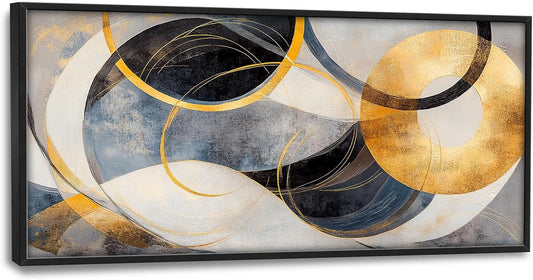 Large Abstract Wall Art for Living Room, Oversized Abstract Circle Wall Decor, Black and Golden Abstract Canvas Painting Modern Artwork Home Decoration for Living Room Bedroom Office Framed 60"x30"