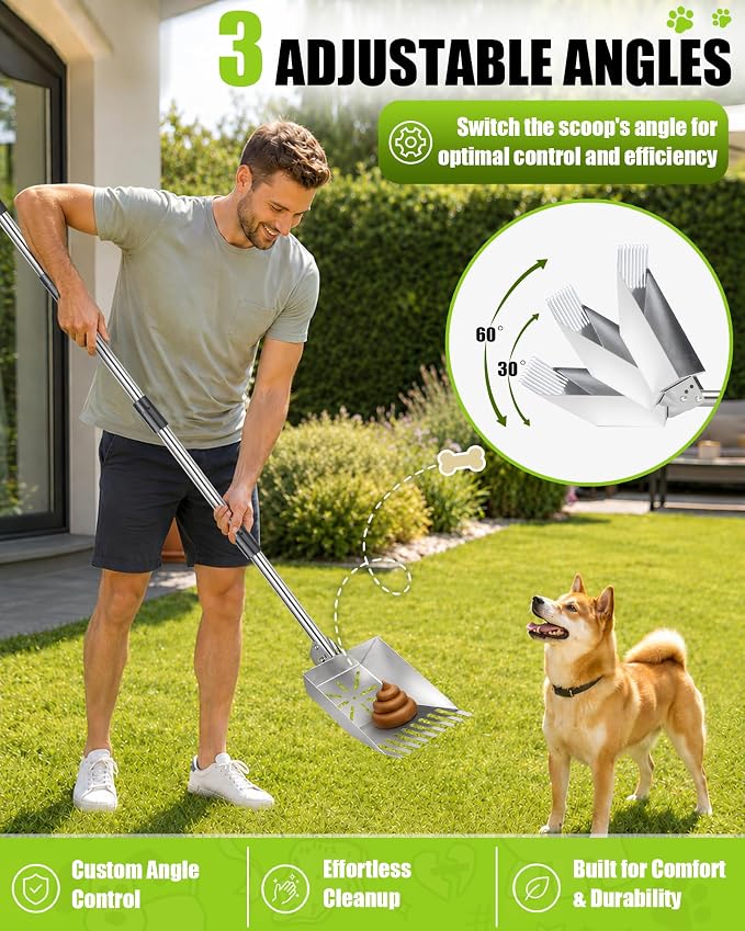 71" Stainless Steel Pooper Scooper, 3-Adjustable Angle Dog Shovel & Rake | Heavy Duty Metal Poop Scoop for Large Dogs with Adjustable Long Handle Outdoor Yard Pet Waste Removal Shovel