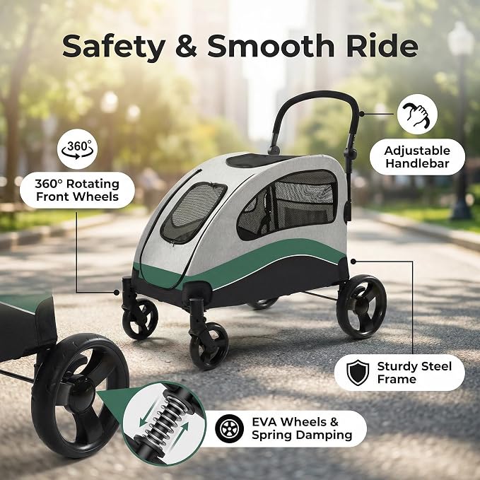 Garvee Extra Large Dog Stroller with Steel Pipe Frame, Wheels, Brakes, Shock Absorption, Foldable Design - Green
