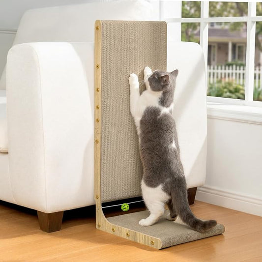 Conlun Cardboard Cat Scratcher,30" L-Shaped Scratch Pad Wall Mounted,Vertical Scratching Post Durable Cardboard to Protect Furniture for Indoor Cats,Wood Grain Junbo