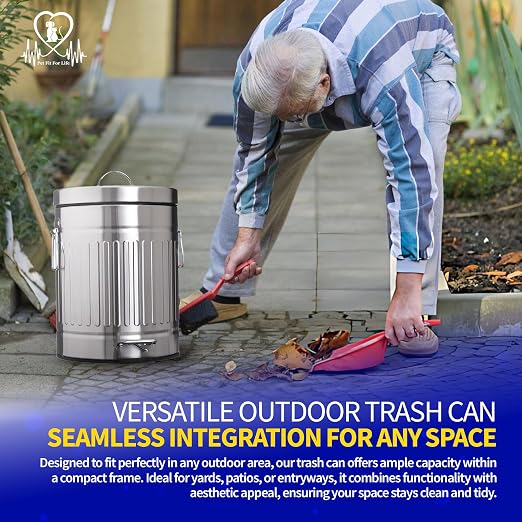 Pet Fit For Life Steel Trash Can with Lid, 16" Tall, 12L/3.2 Gallons | Steel Galvanized Bin with Step Foot Pedal, Plastic Inner Lining, Liner Bags, and Weather-Resistant Design for Yard Use