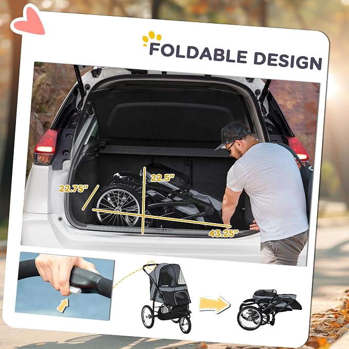 PawHut 3 Wheels Pet Stroller, Foldable Dog Stroller with Adjustable Canopy, Safety Tether, Cushion, Storage Basket, Portable Jogger for Small and Medium Dogs and Cats, Gray