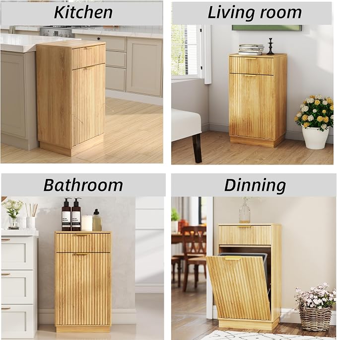 10-Gallon Single Tilt Out Trash Can Cabinet with Drawer,Kitchen Trash Can Cabinet Garbage Recycling Cabinet Wooden Dog-Proof Trash Cabinet for Dining Room and Kitchen,Laundry Room