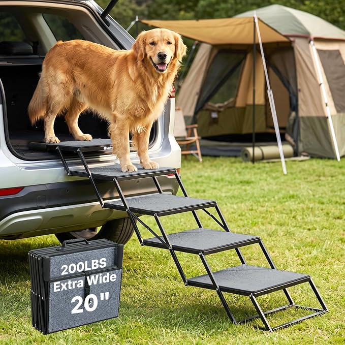 Veehoo Collapsible Dog Stairs for Large Dogs Car Truck SUV, Extra Wide 20" | 5 Steps Pet Ramp for Car Foldable Portable Dog Loader Ramps Ladder Folding Heavy Duty with Non Slip Surface, Up to 200lbs