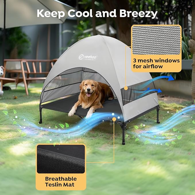 Veehoo Outdoor Dog Bed with Canopy, Cooling Elevated Dog Shade for Outside | Portable Raised Dog Cot with Removable Shade, Sun Protection Dog Tent Outdoor for Camping, Beach, 49" x 42.5", Black