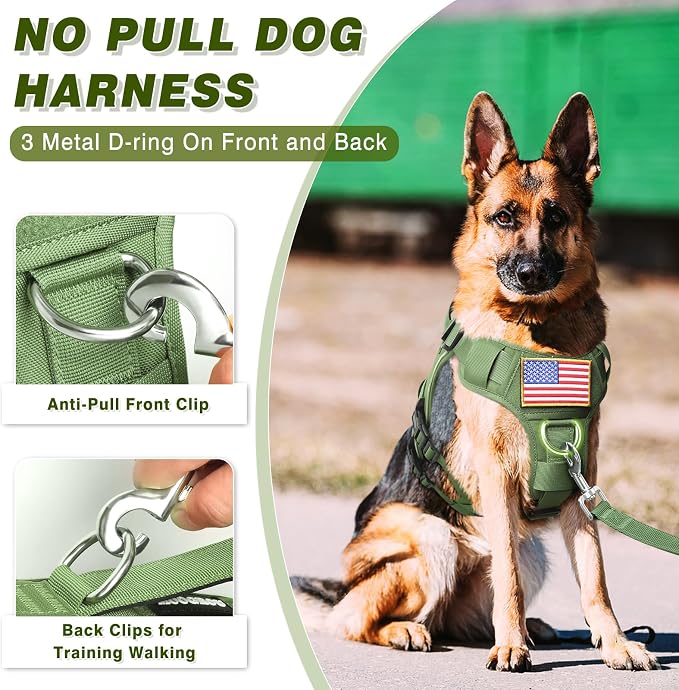 Service Dog in Training Vest and Leash Set+10 Patches,Escape Proof | Heavy Duty Tactical Dog Harness with Metal Buckles for Large Sized Dogs,No Pull Front Back Clips,for Training Hiking,Green L