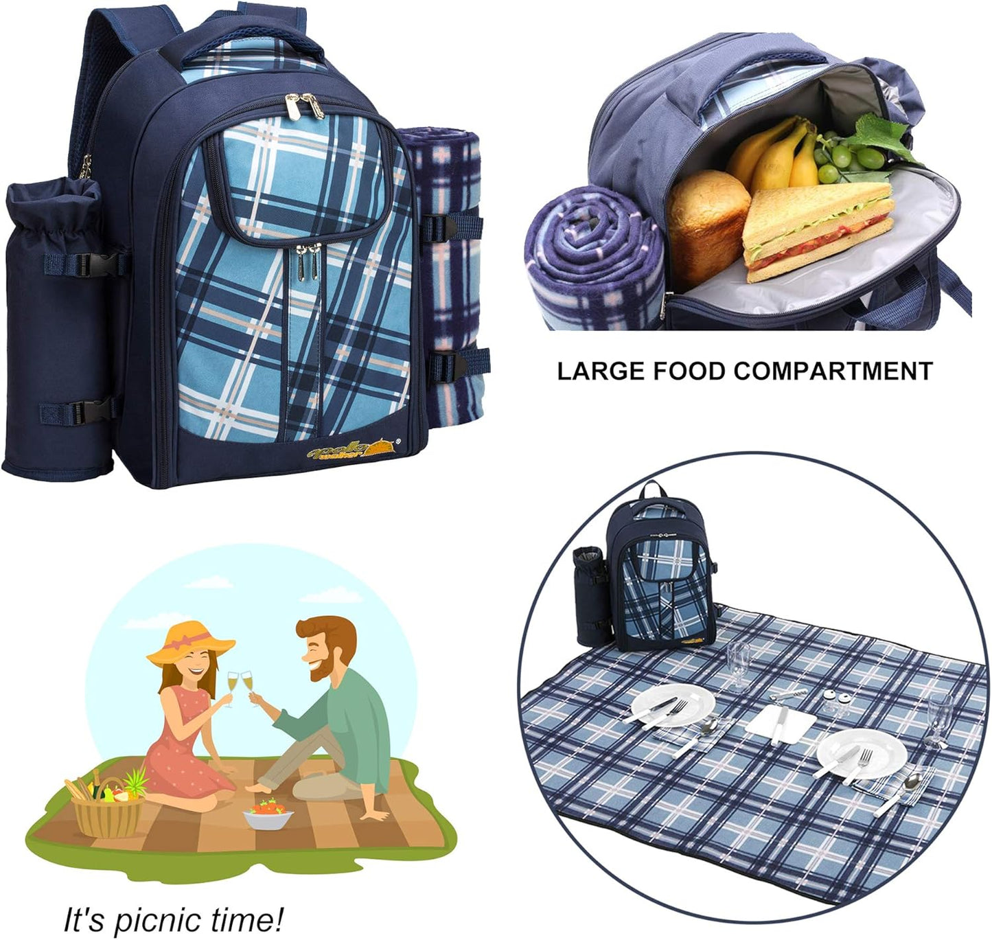 Apollo Walker Picnic Backpack Bag for 2 Person with Cooler Compartment, Detachable Bottle/Wine Holder, Fleece Blanket, Plates and Cutlery (Blue)