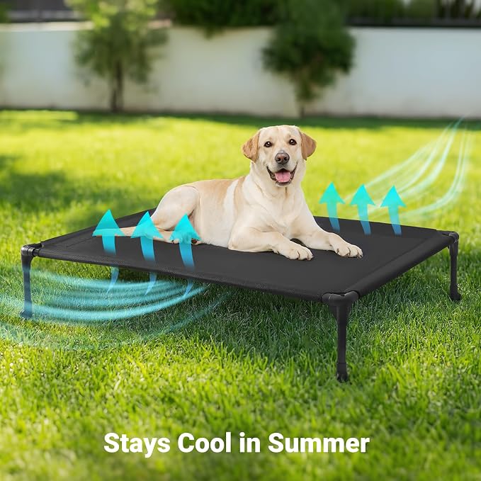 Veehoo Outdoor Elevated Dog Bed Large Sized Dogs, Cooling Raised Dog Cots | Off-ground training platform, portable camping hammock, breathable mesh, easy to clean, no-tool setup, 42"x30", Black Silver