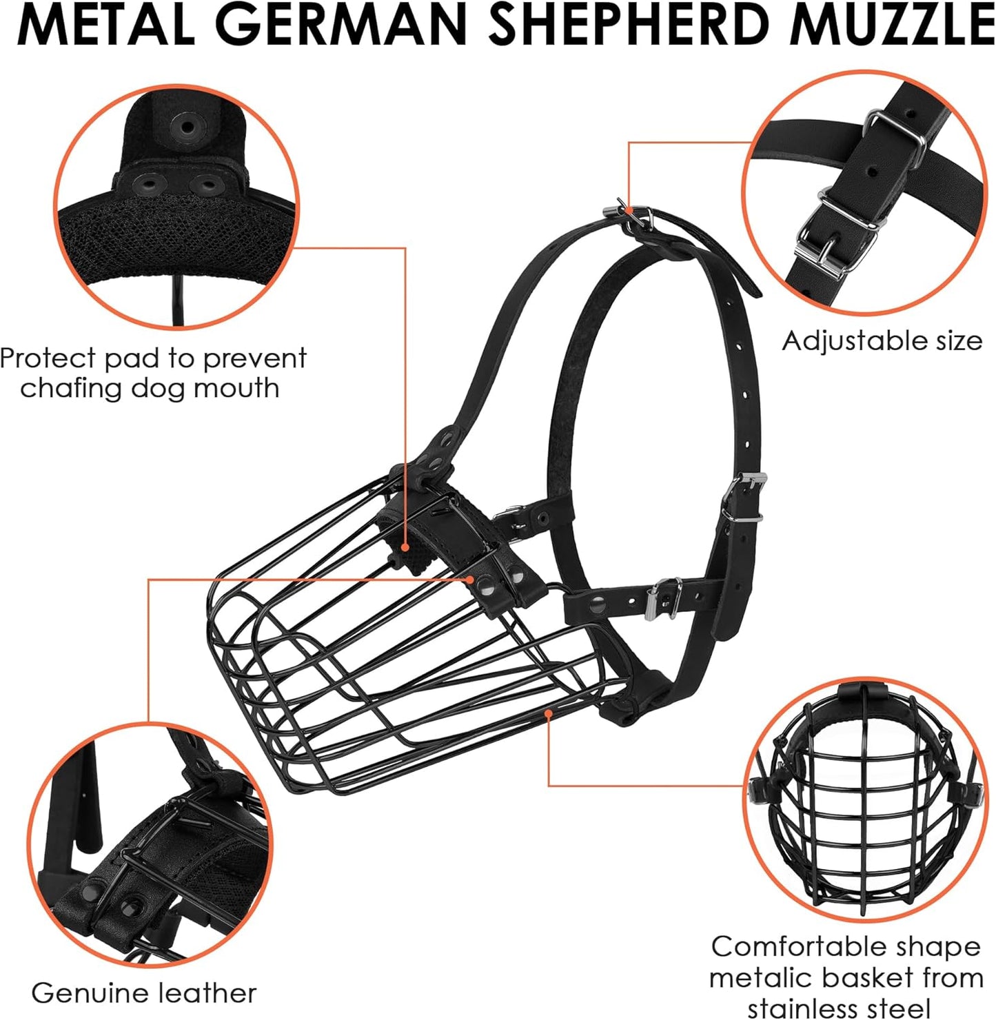 German Shepherd Dog Muzzle Metal Basket for Medium Large Dogs Adjustable Durable Leather Straps Secure Wire Mask for Biting Chewing Barking (Black, M - Size)