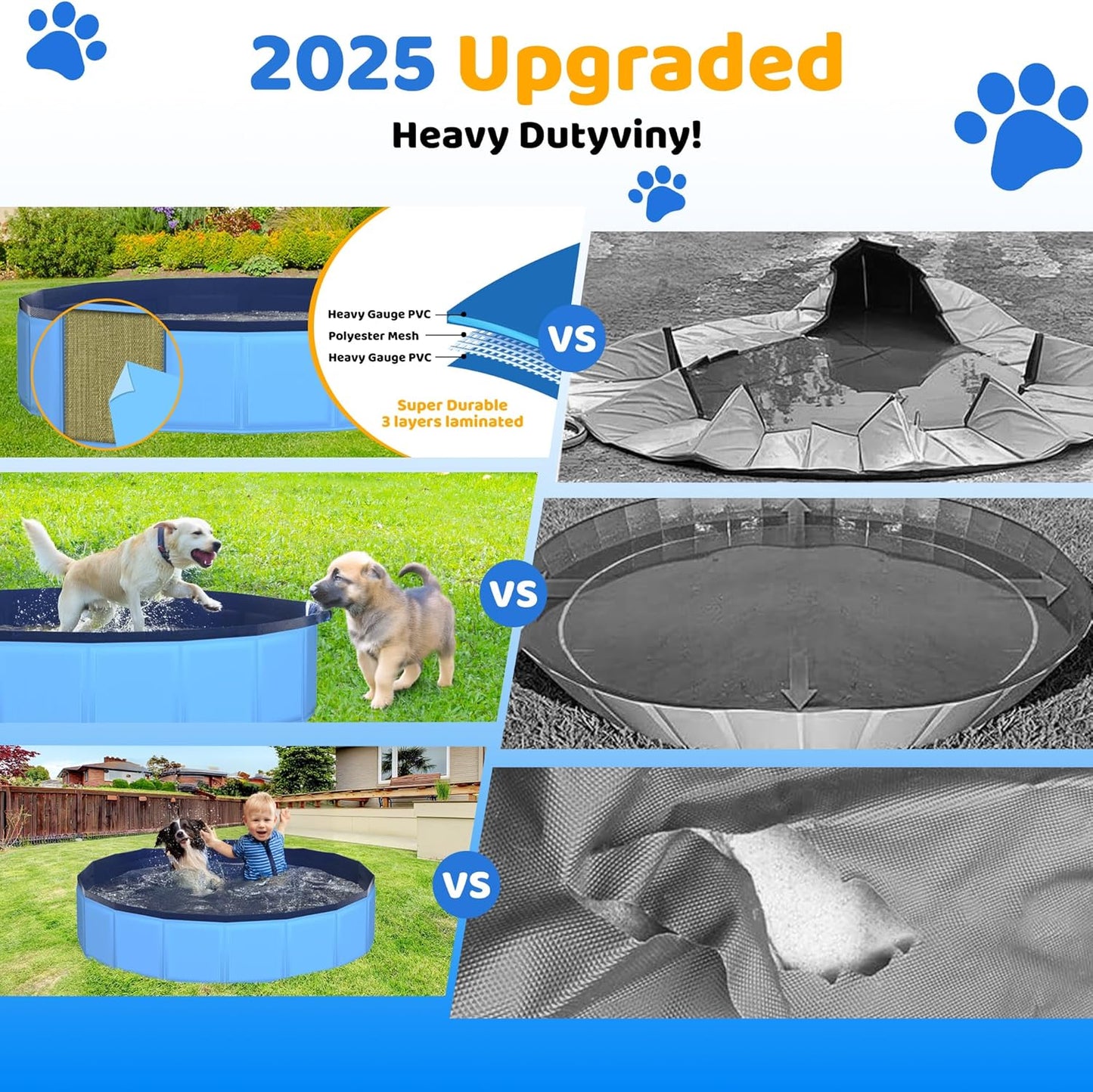63" x 12" Foldable Dog Pool - Collapsible Hard Plastic Kiddie Pool for Dogs & Kids, Non-Slip Pet Bath Tub for Outdoor Backyard Use, Lightweight & Portable (Blue)