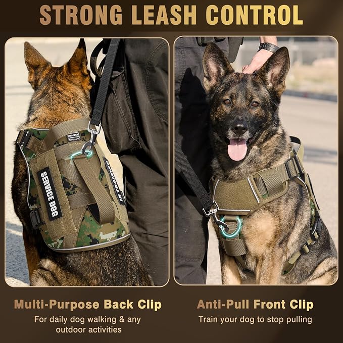 2X Metal Buckle Service Working MOLLE Dog Vest with 10 Pet Patches | Tactical Dog Harness for Medium Dog, No-pull Military Working Vest for Training Hunting Walking，2x D Rings for Leash Clip