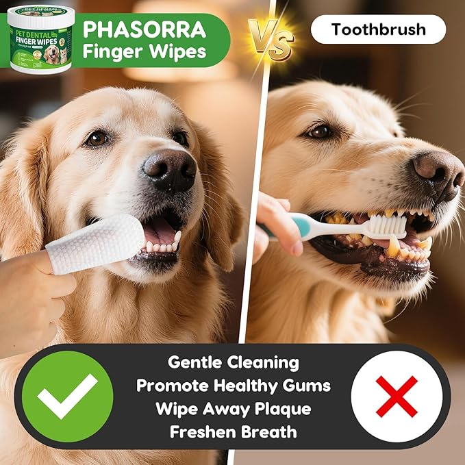 Dog Dental Care Wipes - 60Ct Tooth Brushing kit, Heavy Duty Teeth Cleaning for Dogs & Cats, Remove Tartar & Plaque, Dog Breath Freshener, Dog Toothbrush & Toothpaste Alternatives