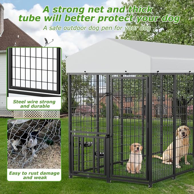 8 x 4 x 5.6 FT Outdoor Dog Kennel with Roof for Medium Large Dogs | Spacious Dog Run with Rotating Feeder, 2 Stainless Steel Bowls and Double Latch Gate