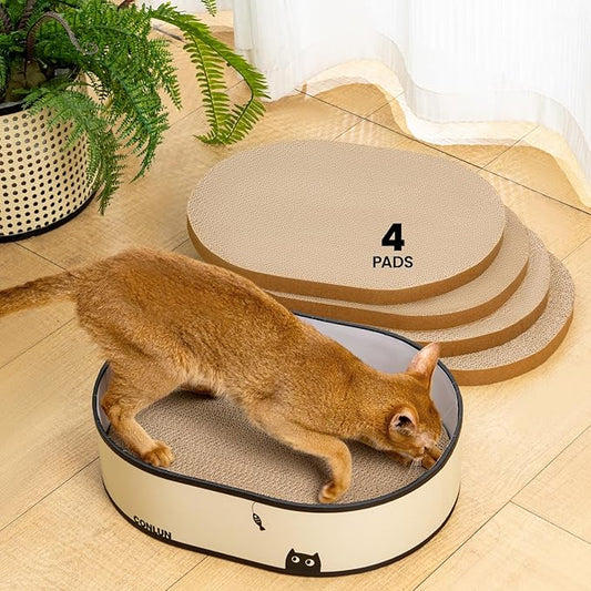 Conlun Cat Scratcher Box with 4 Cat Scratching Board Reversible Cat Scratch Pad, Heavy Duty Corrugated Cardboard Cat Bed Lounger Cat Scratchers for Indoor Cats, Protects Furniture,Kittens Gifts-Large