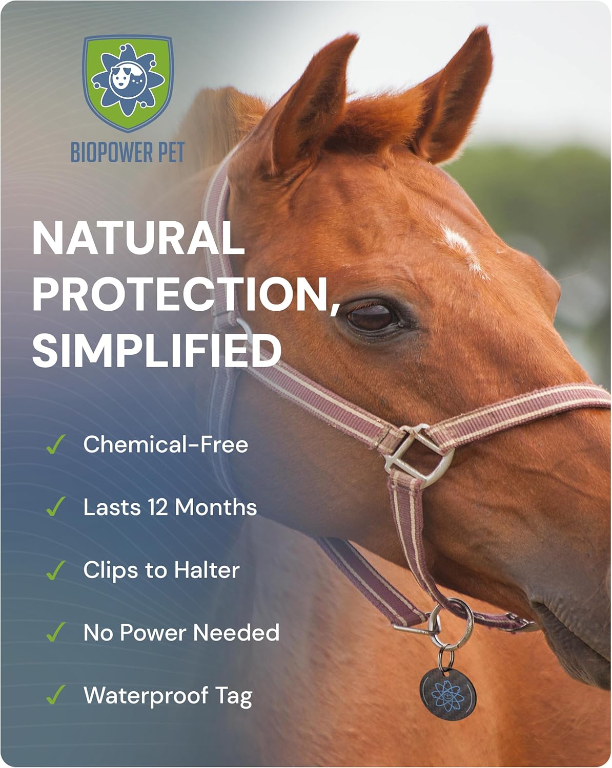 BioPower Natural Fly & Tick Repellent for Horses - Horse Shield Tag with 1-Year Bioresonance Protection – Chemical-Free, Waterproof Carbon Tag That Clips to Halter – Non-Toxic Pest Defense