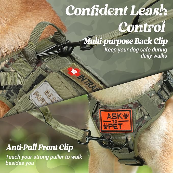 rabbitgoo Tactical Dog Harness for Large, Heavy Duty Military No Pull Vest | Sturdy Metal Buckles, 5 Adjustments, Molle System, Powerful Pullers for Training, Hunting, Outdoor, Green Camo, Large
