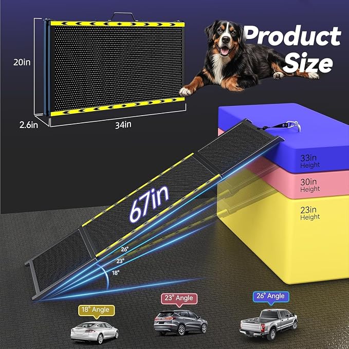 Pawaboo 67" L & 20" W Longest Dog Ramp for Car Foldable, Up to 200 LBS | Extra Wide Portable Pet Dog Ramps for Large Dogs, Dog Car Ramp for SUV/Truck/RV/Bed, Lightweight Ramps with Non-Slip Mesh, Bl