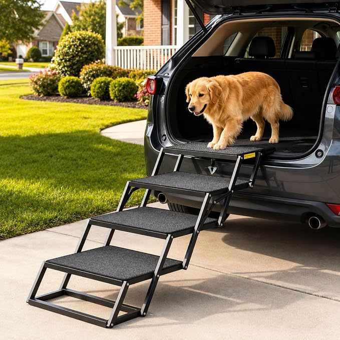 Dog Ramp for Car, Foldable Dog Steps for Car with Non-Slip Surface, Dogs Stairs for Cars, High Beds, Truck, Supports up to 250lbs, 4 Steps