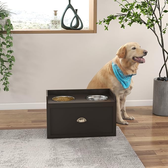 Dog Feeding Station with Storage Drawer & 2 Removable Stainless Steel Bowls | Elevated Design|Wood Construction|Ideal for Kitchen Living Room or Utility Area